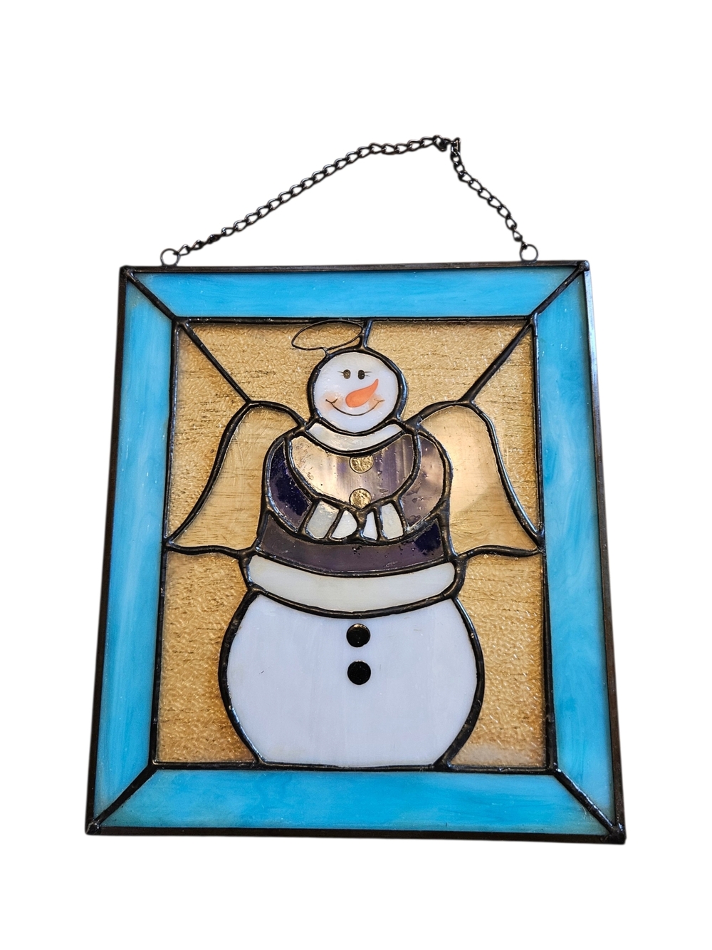 Stained Glass Snowman Suncatcher Blue Frame Christmas Window Decor 8x7